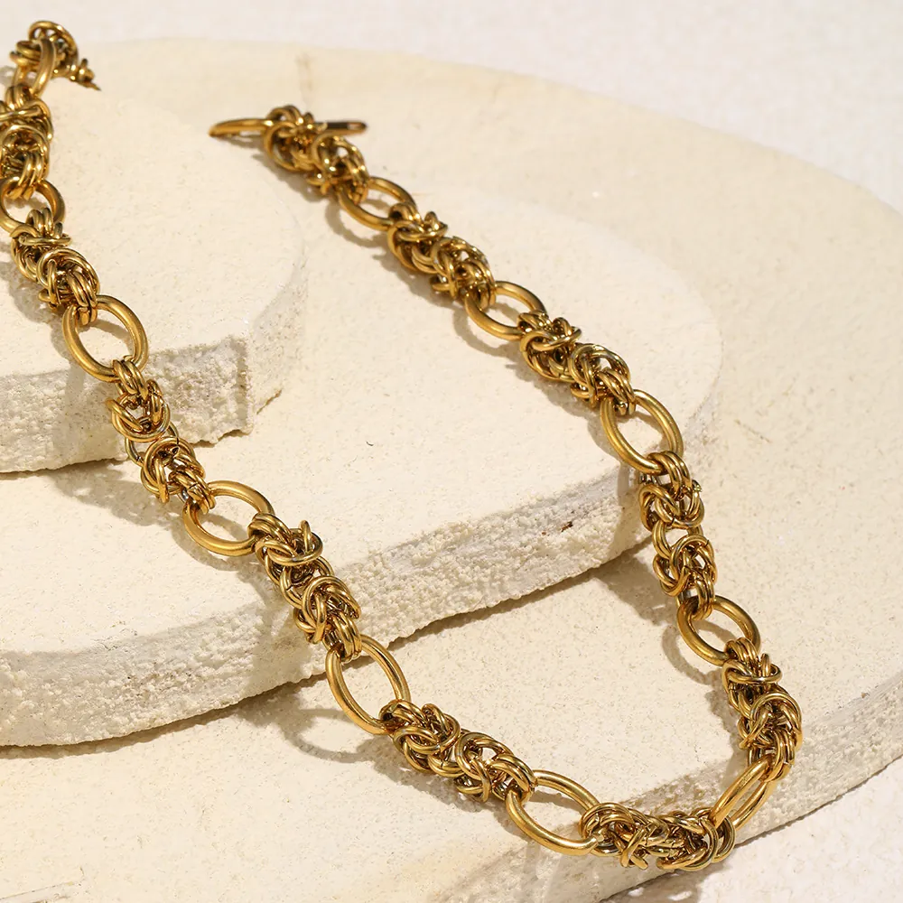 French Vintage Thick Chain Necklace For Women Stainless Steel 18K Gold Plated Geometric Interlocking Rings Fashion Jewelry