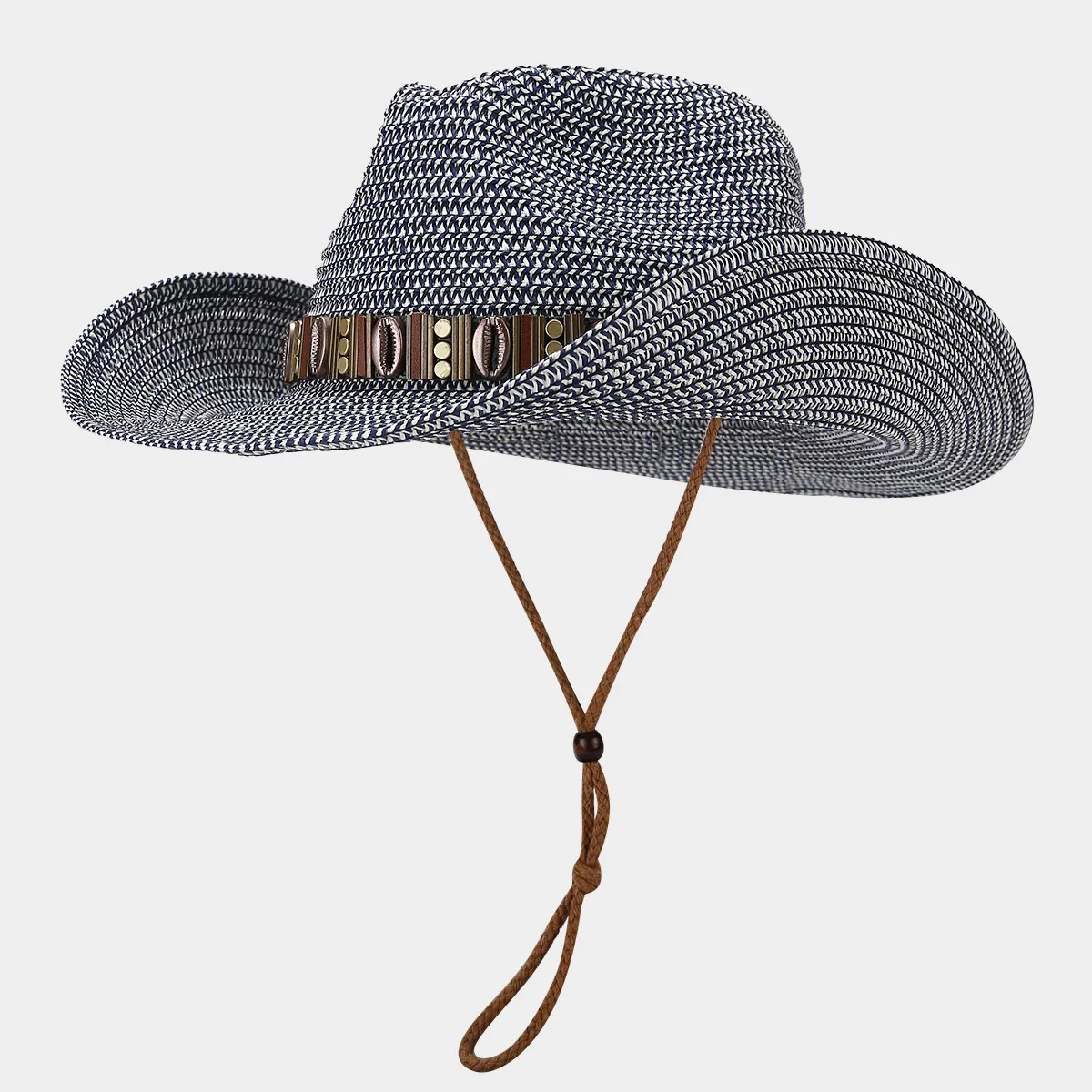 Western Cowboy Straw Hat Wide Brim Sun Protection Shell Decor Adjustable Chin Strap Beach Vacation Summer Style