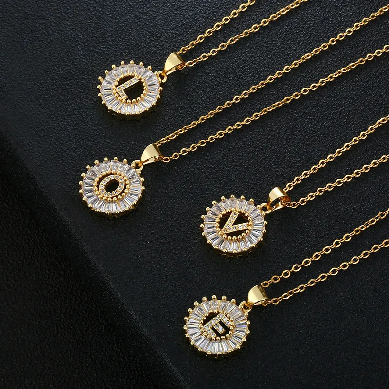Round Initial Letter Pendant Necklace Copper Zirconia Baguette Radiating Medallion Gold Silver Plated Fashion Jewelry Women