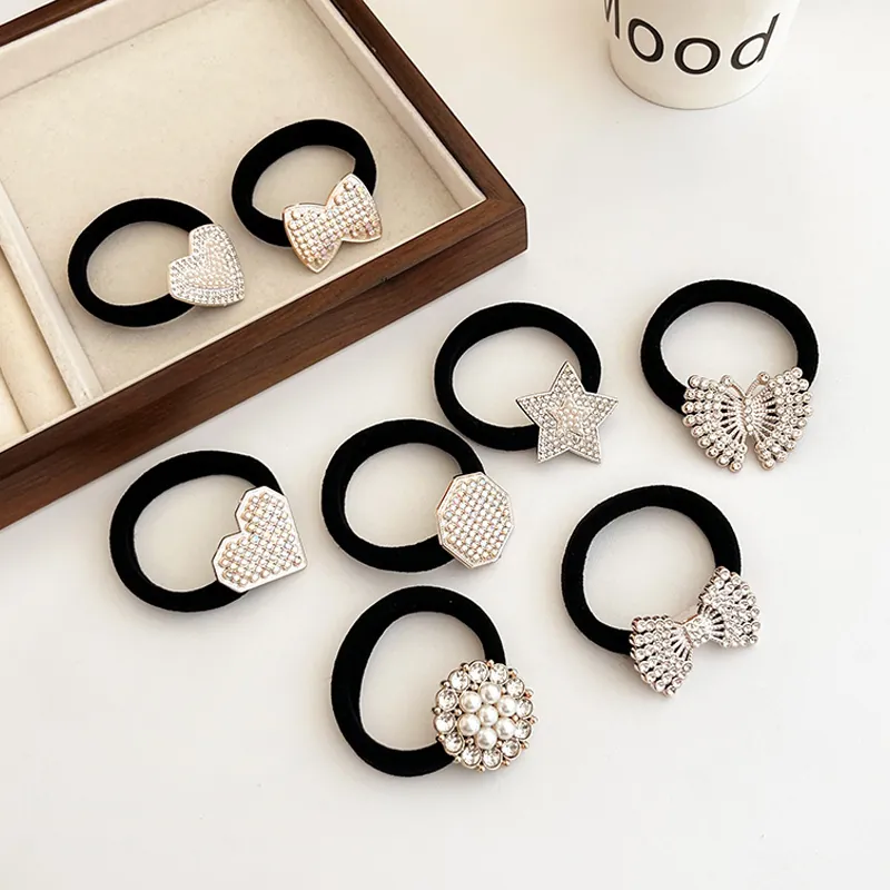 Rhinestone Faux Artificial Pearl Elastic Hair Ties High Stretch Ponytail Holders Heart Butterfly Star Geometric Accessories Girls