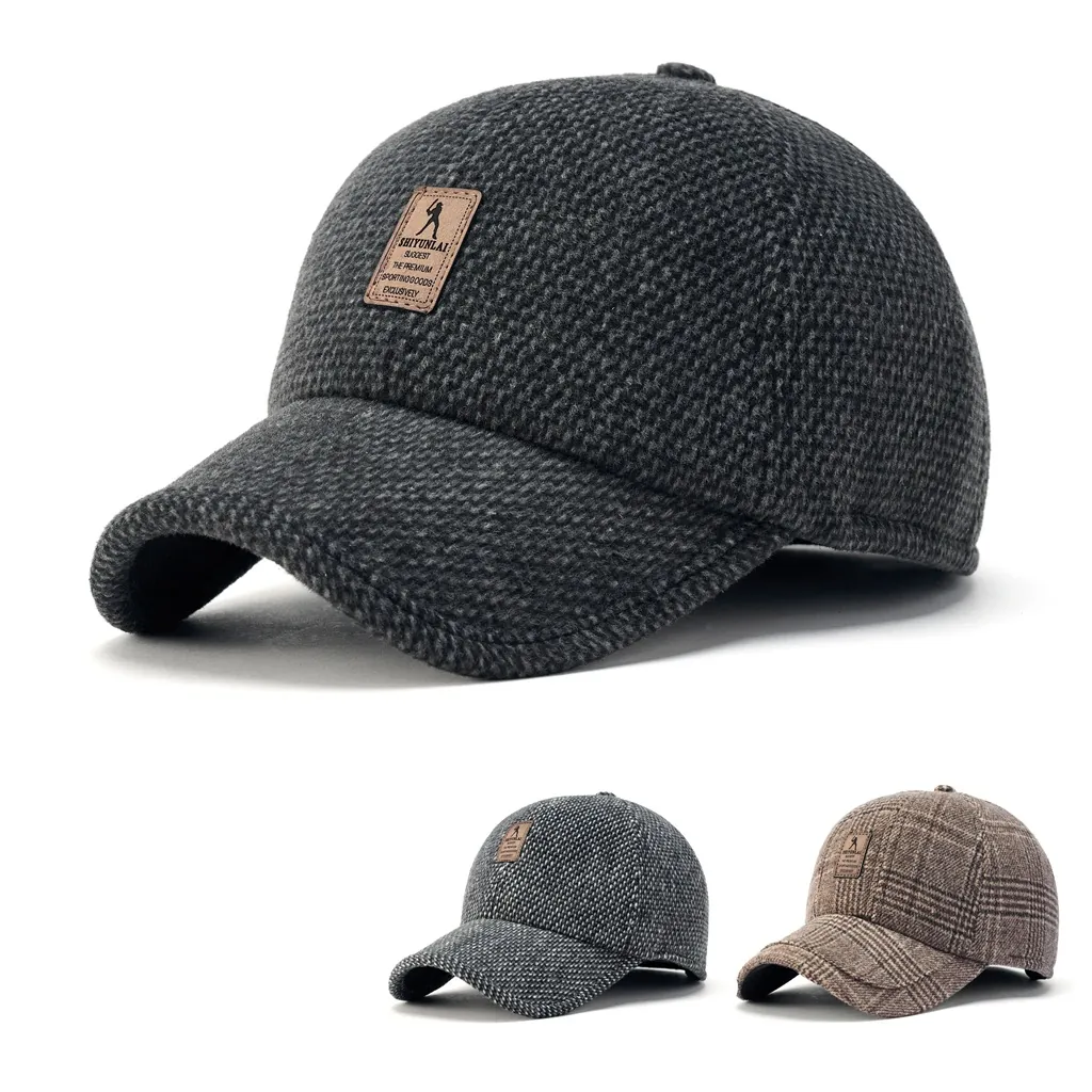 Winter Baseball Cap Thick Warm Knitted Woolen Texture Patch Adjustable Dad Hat For Men Women Outdoor Windproof