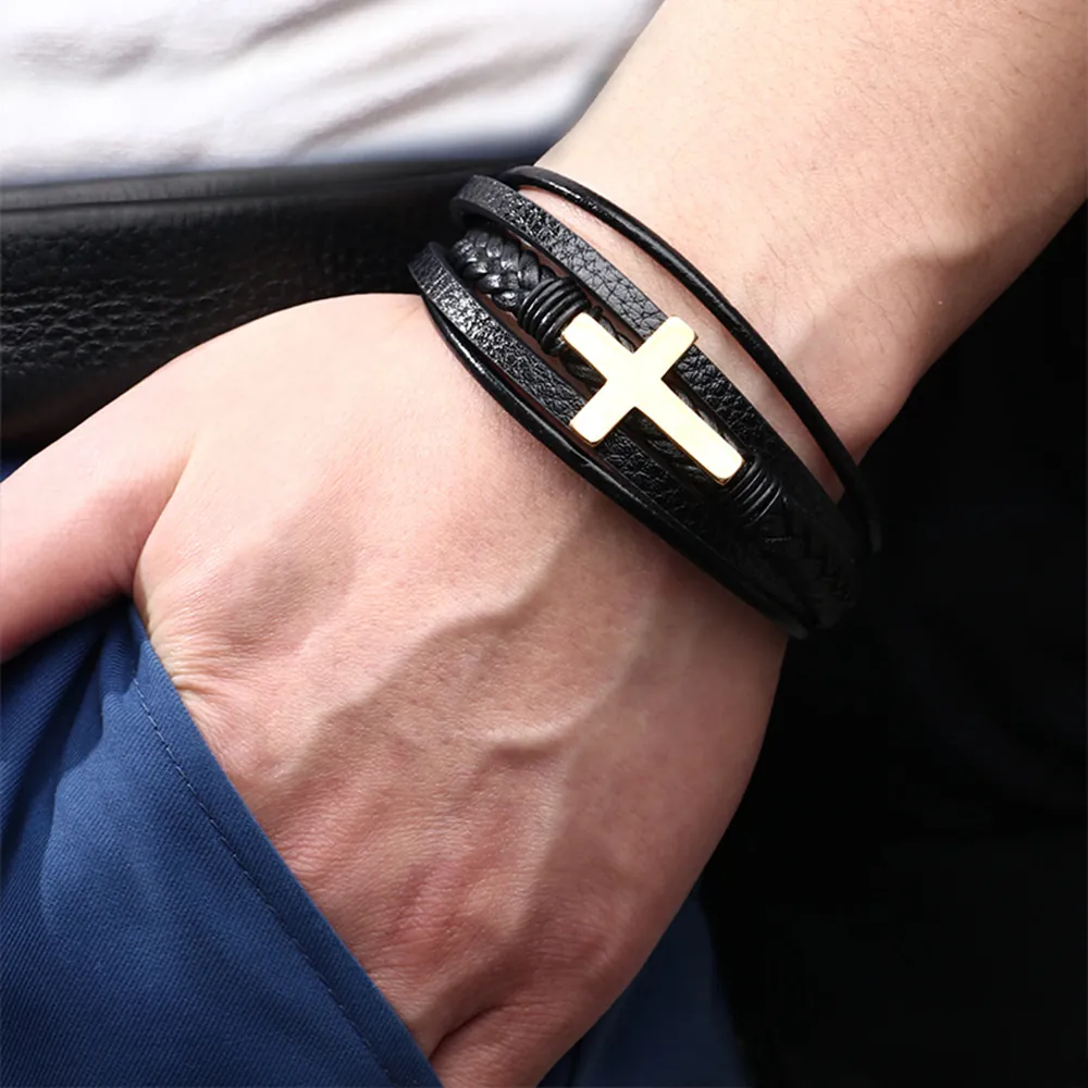 Bracciale Da Uomo In Pelle Intrecciata Multistrato Con Croce In Acciaio Inossidabile E Chiusura Magnetica