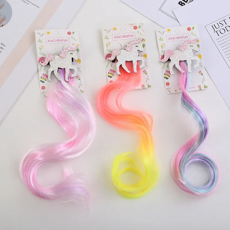 Pince À Cheveux Licorne À Paillettes Avec De Longues Extensions De Cheveux Synthétiques Bouclés Pour Filles