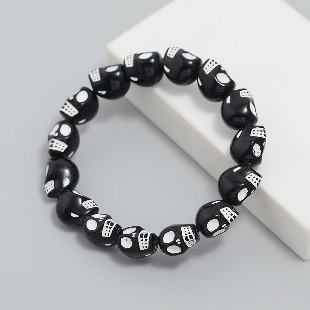 Retro Resin Skull Beaded Bracelet Elastic Ghost Head Hand Jewelry For Halloween Party Unisex