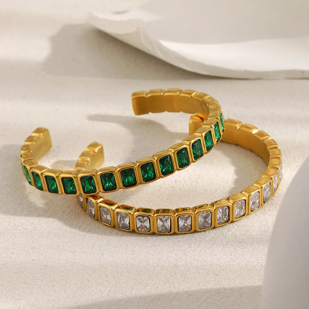 Mode Offene Manschette Armband Edelstahl 18K Vergoldet Rechteckige Zirkonia Einlage Leichten Luxus Armreif Damen