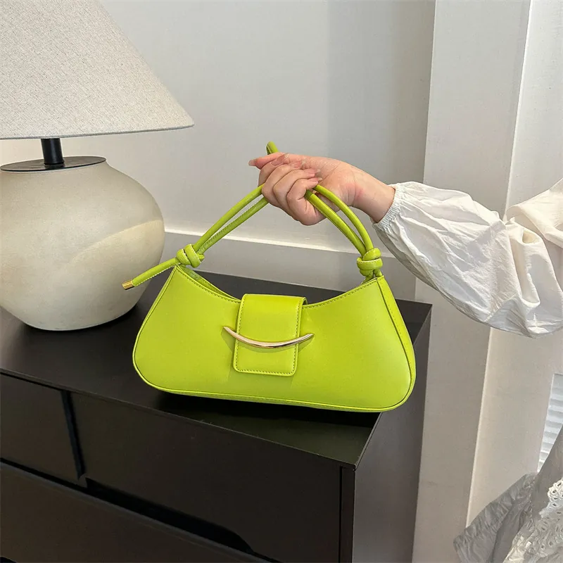 Fashion Underarm Bag For Women PU Leather Crescent Shoulder Bag With Gold Moon Buckle Knotted Strap Trendy Flap Handbag