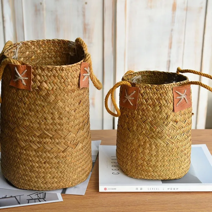 Handmade Natural Seagrass Woven Flower Basket Home Decor Rustic Straw Vase With Leather Patch Hemp Rope Handles