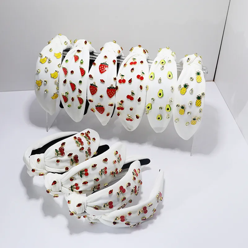 Bandeau Large Noué En Tissu Avec Breloques De Fruits En Alliage Et Strass Accessoires De Cheveux Mode Femmes
