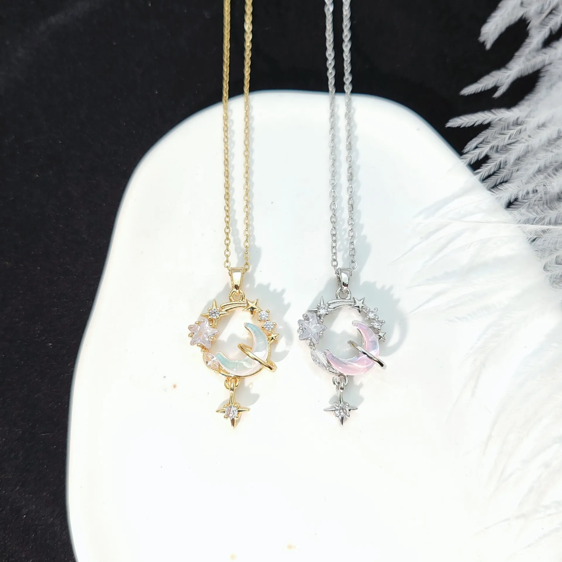 Star Moon Planet Pendant Necklace Titanium Steel Copper Cubic Zirconia Opal Artificial Pearl Chic Celestial Jewelry For Women