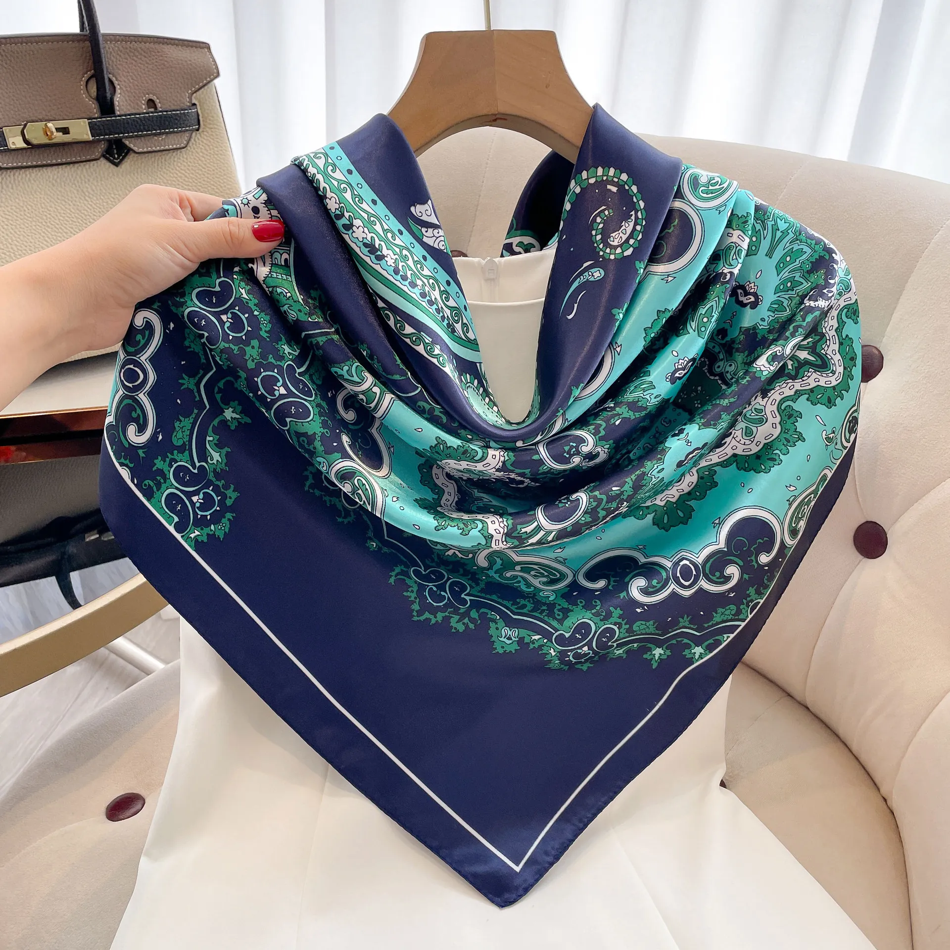 Large Square Scarf Faux Satin Satin Paisley Mandala Print Elegant Lightweight Fashion Wrap Shawl For Women