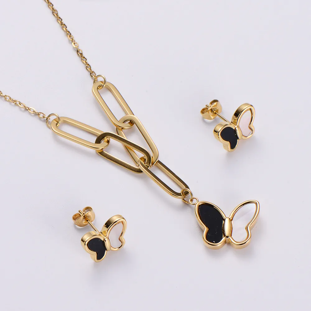 Butterfly Necklace Earrings Jewelry 316L Stainless Steel Shell Vintage Elegant Link Chain Golden Silver Women Ornament