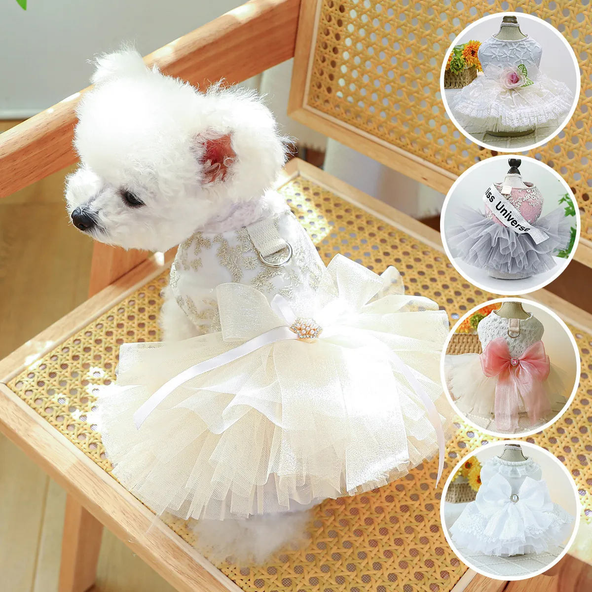 Pet Princess Dress Dog Wedding Gown Lace Mesh Tutu Skirt With Artificial Pearl Bow D-Ring Elegant Formal Apparel For Small Dogs Cats