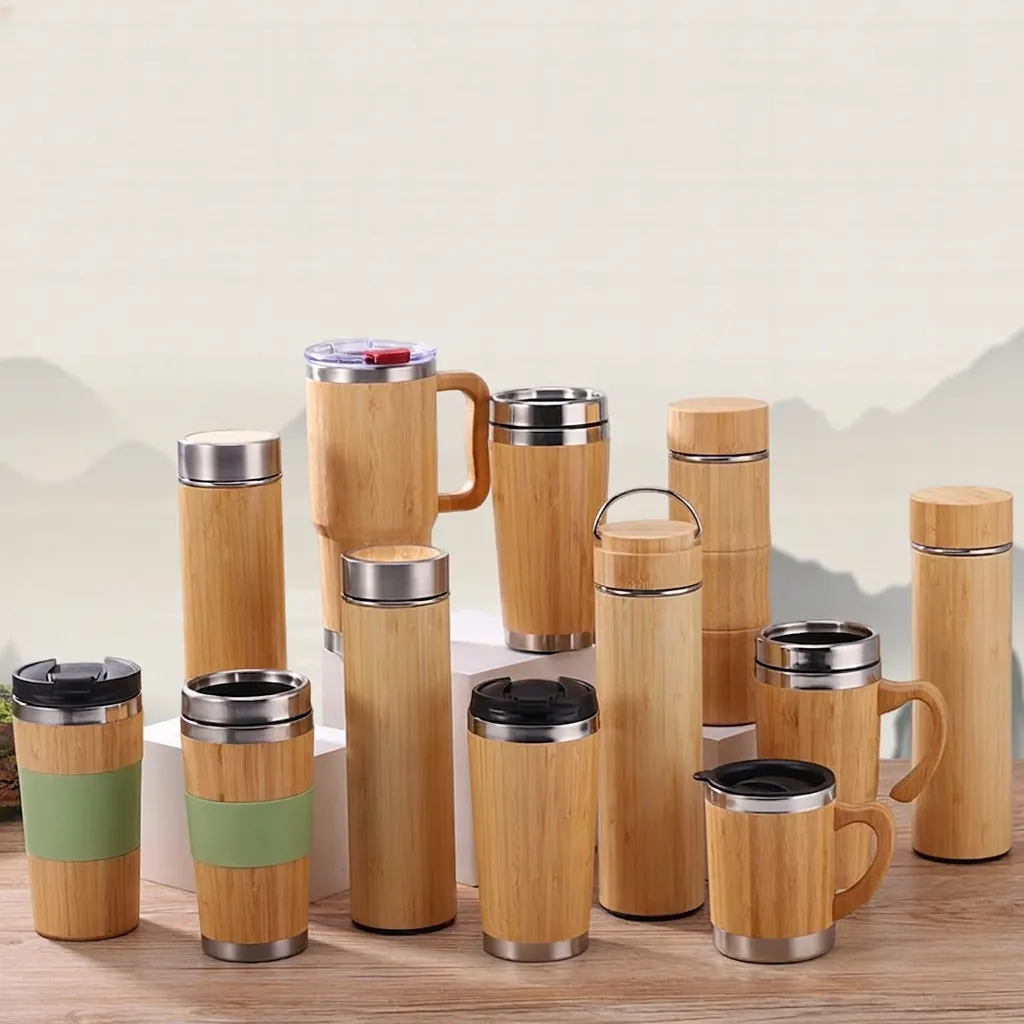 Vacuum Insulated Mug Natural Bamboo Shell 304 Stainless Steel Leak-Proof Travel Coffee Cup Eco-Friendly Portable Flask