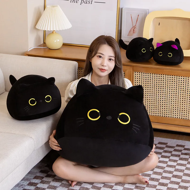 Schattige Zwarte Kat Pluche Speelgoed Ronde Kitten Sierkussen Zachte Knuffel Pop Voor Kinderen Verjaardag Woondecoratie