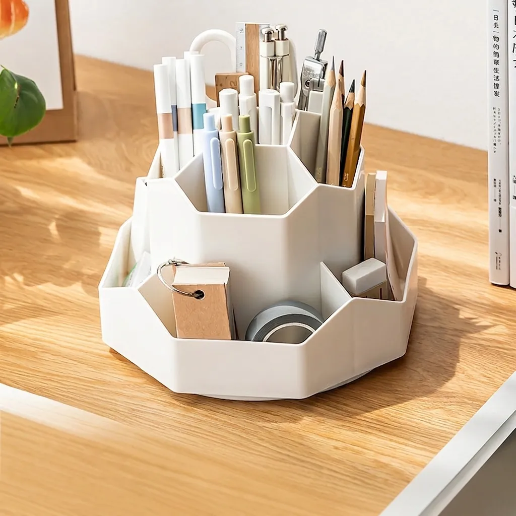 Rotating Pen Holder Desk Organizer Plastic Multi Grid Large Capacity Stationery Storage Office School Supplies Desktop