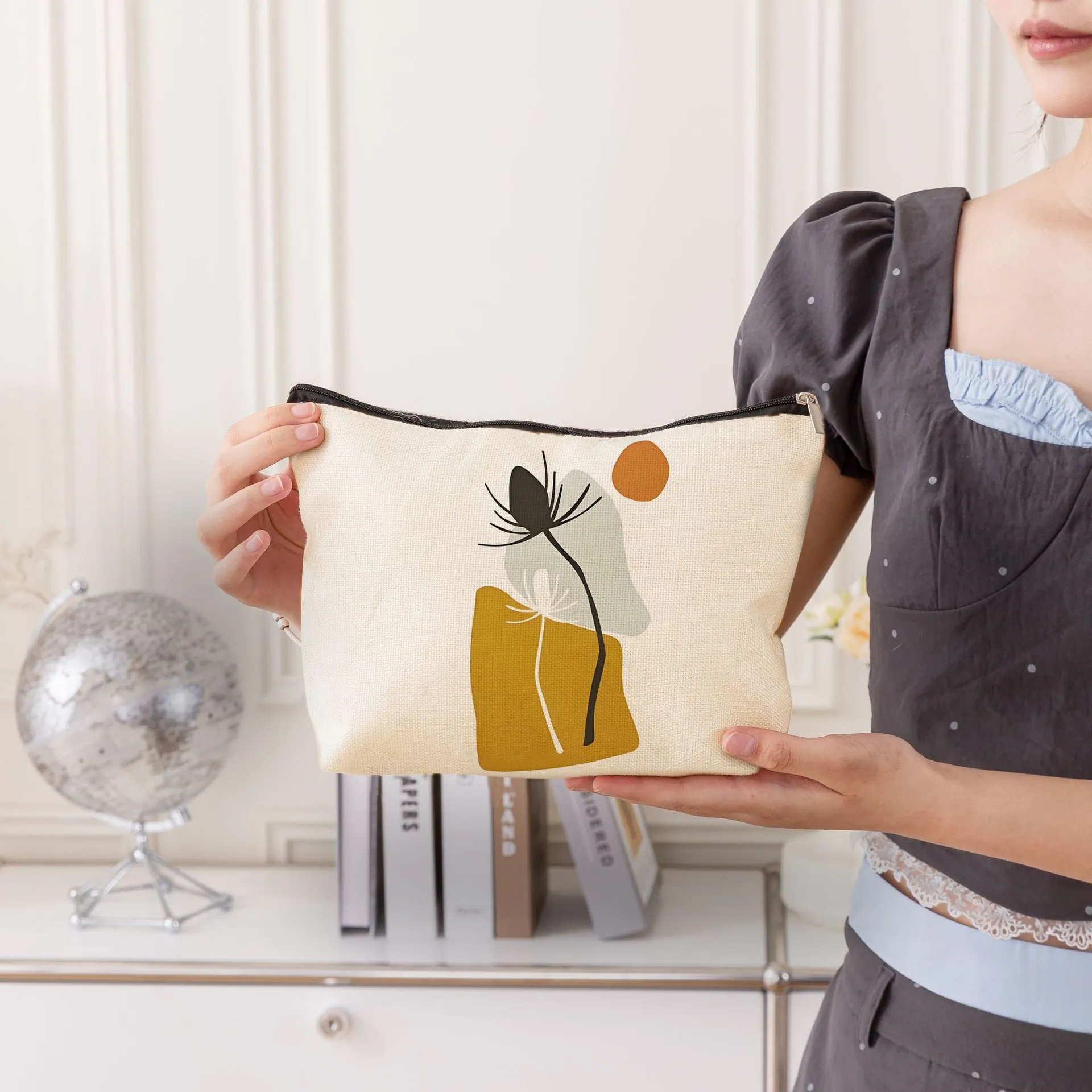 Abstract Print Linen Makeup Bag Zippered Portable Cosmetic Pouch Travel Wash Bag Nordic Minimalist Storage Organizer