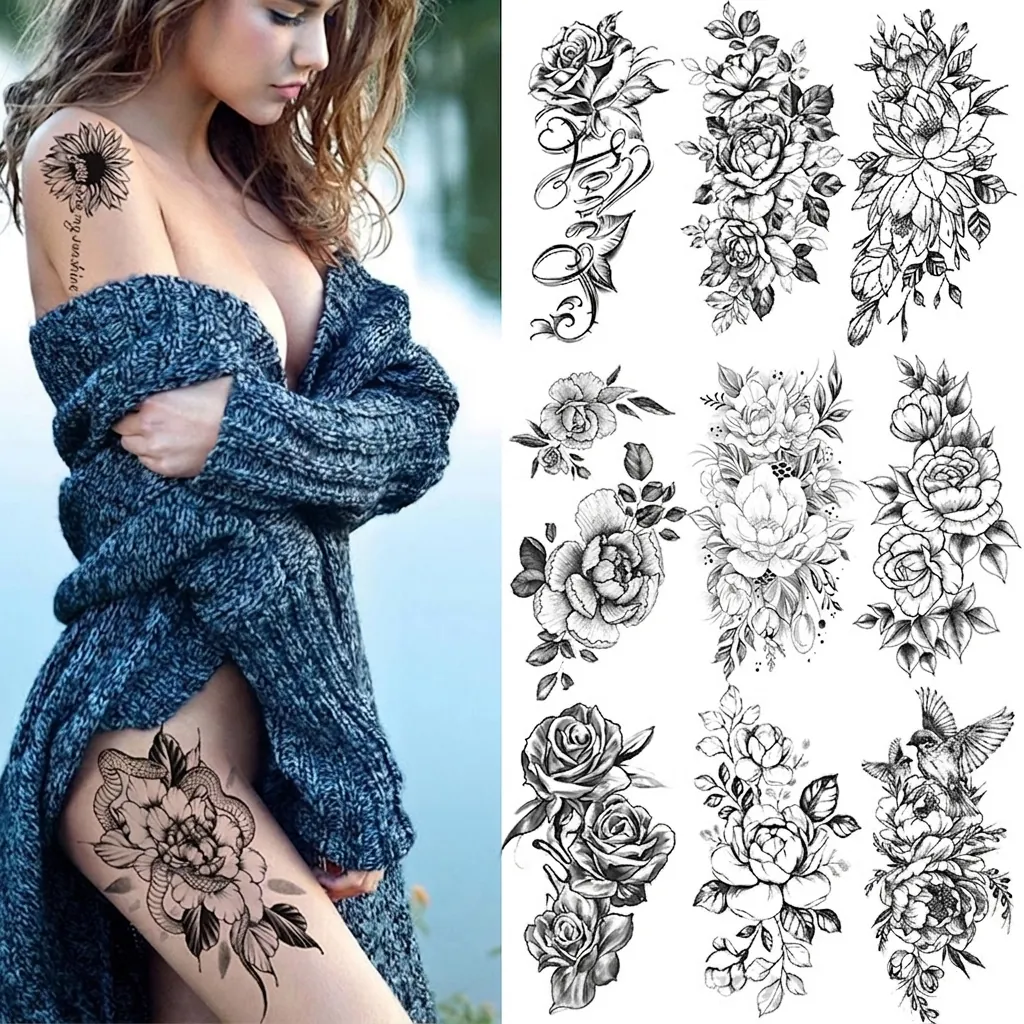 Temporary Tattoo Sticker Water Transfer Body Art Waterproof Flower Rose Animal Sketch Disposable For Party Festival