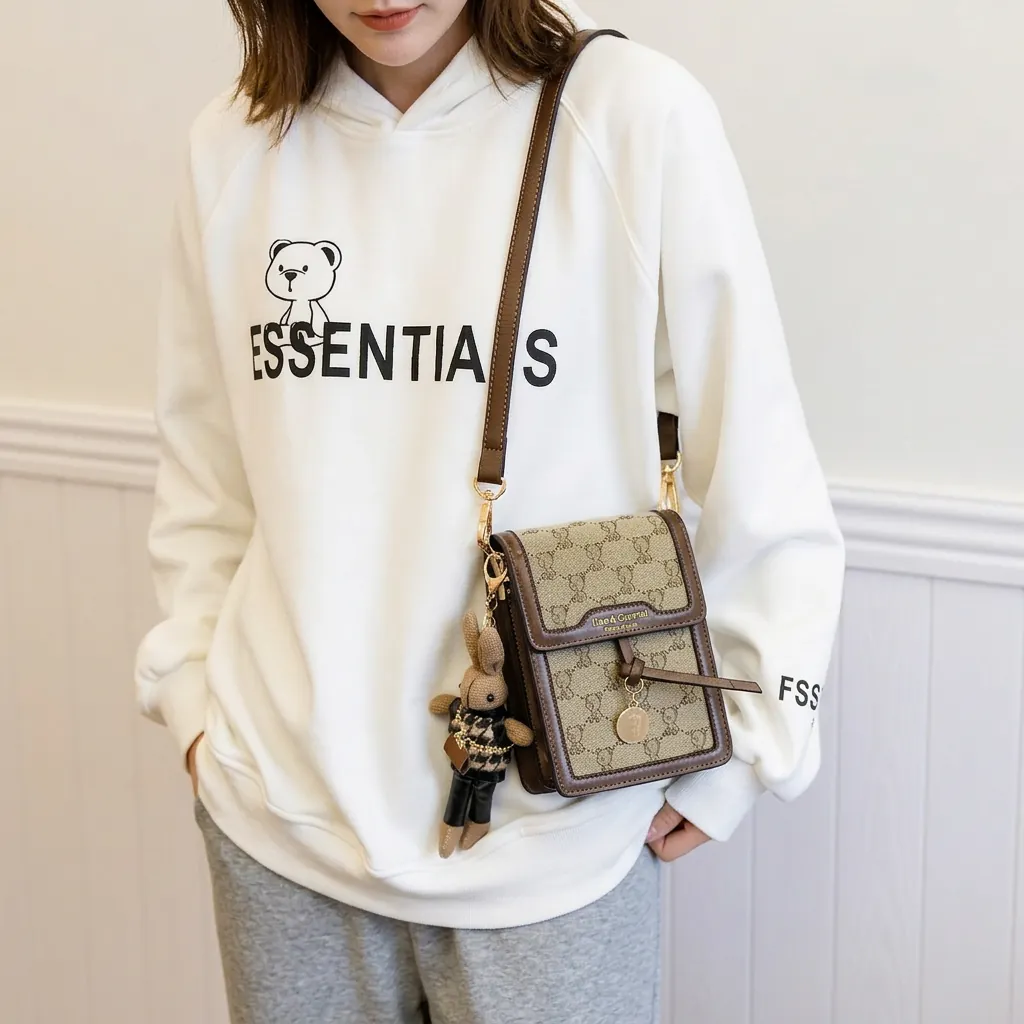 Mini Crossbody Phone Bag Vintage Bear Monogram Canvas PU Leather Flap Shoulder Bag With Rabbit Doll Pendant For Women