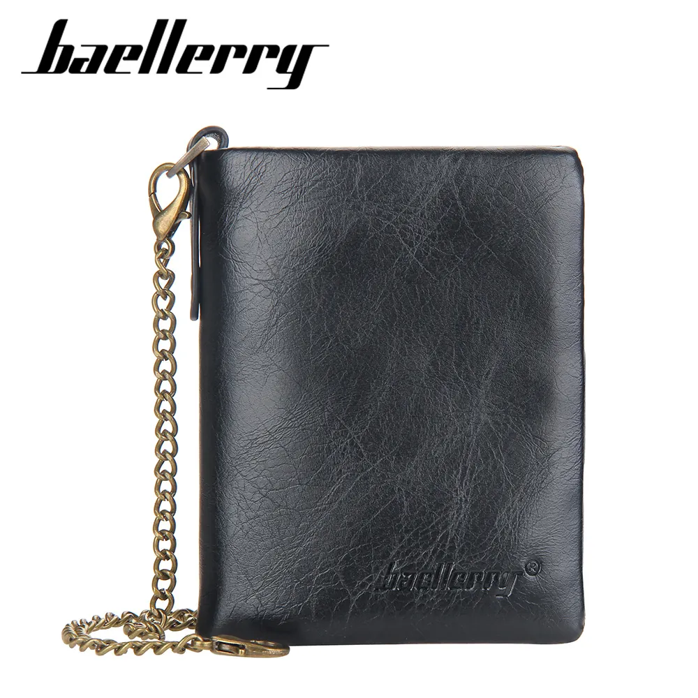 Men Wallet PU Leather Retro Detachable Metal Chain Tri-Fold Vertical Multi Card Slots Business Large Capacity