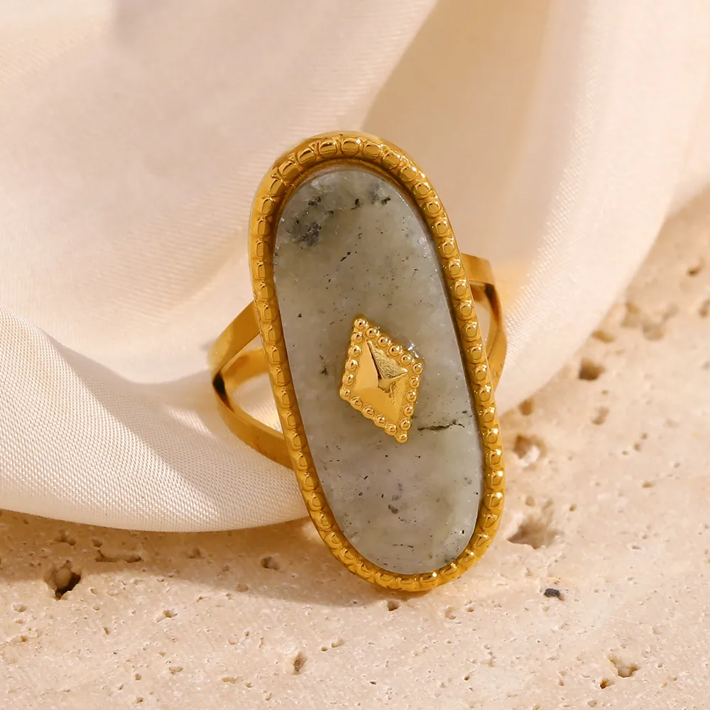 Vintage Bohemian Oval Natural Stone Ring 18K Gold Plated Stainless Steel Beaded Edge Adjustable Open Ring Jewelry Women