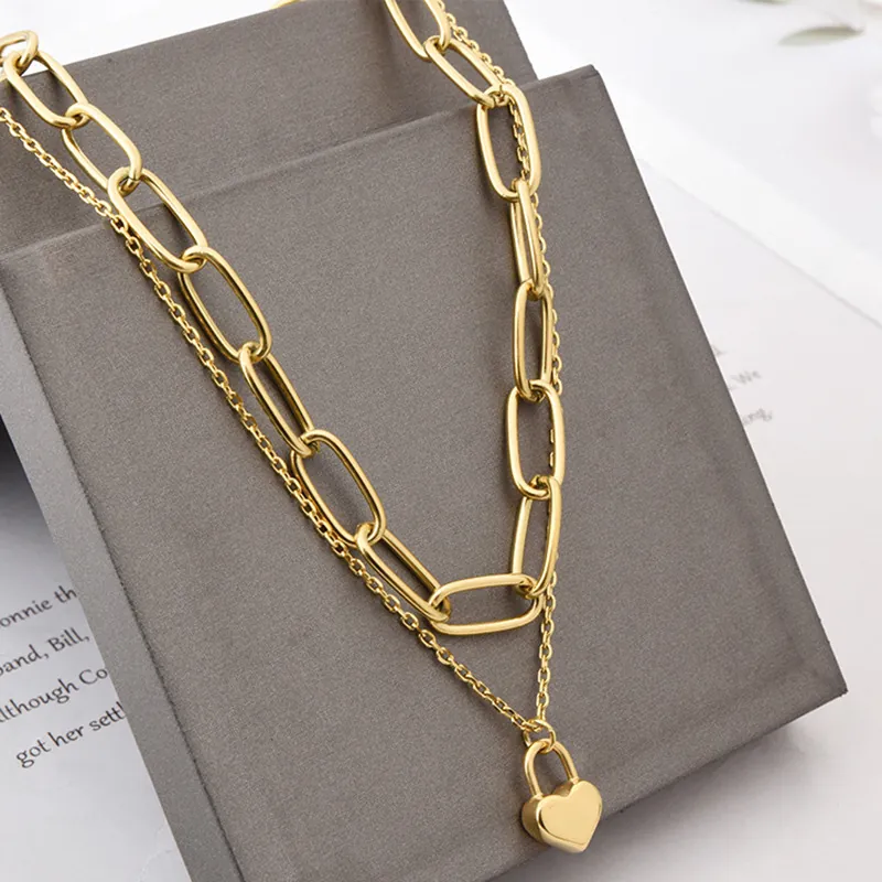 Titanium Steel Double Layered Necklace Gold Plated Heart Lock Pendant Paperclip Chain Hip Hop Fashion Jewelry For Women