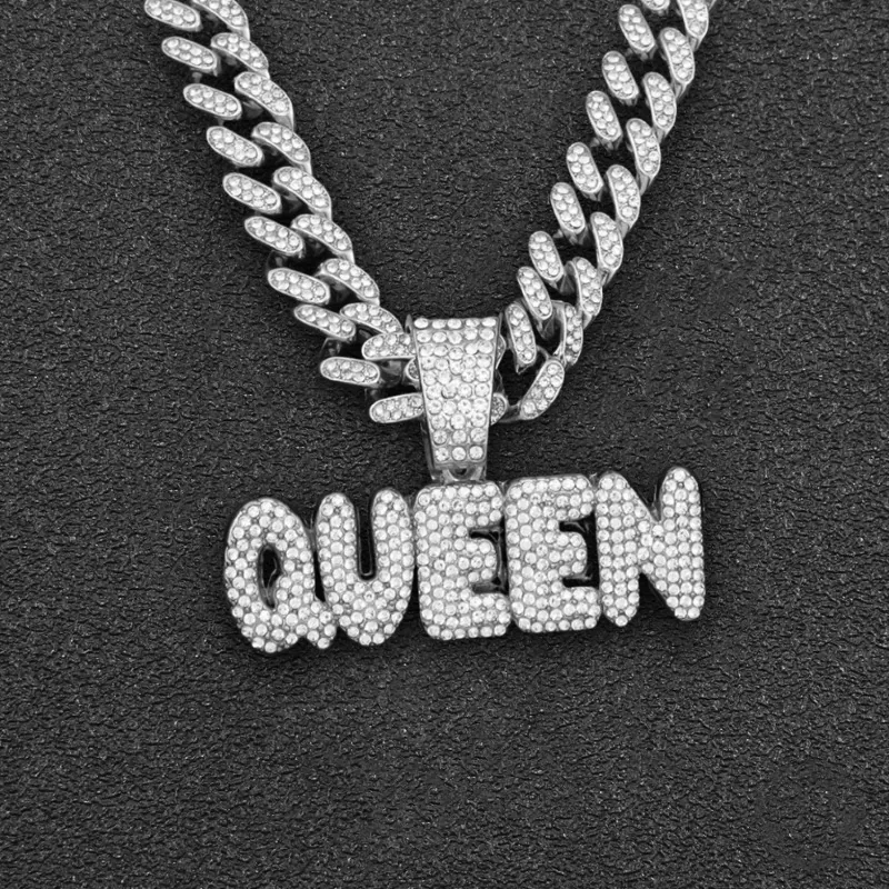 Collar Con Colgante De Letra Queen Hip Hop Con Diamantes De Imitación Aleación De Zinc Cadena Cubana