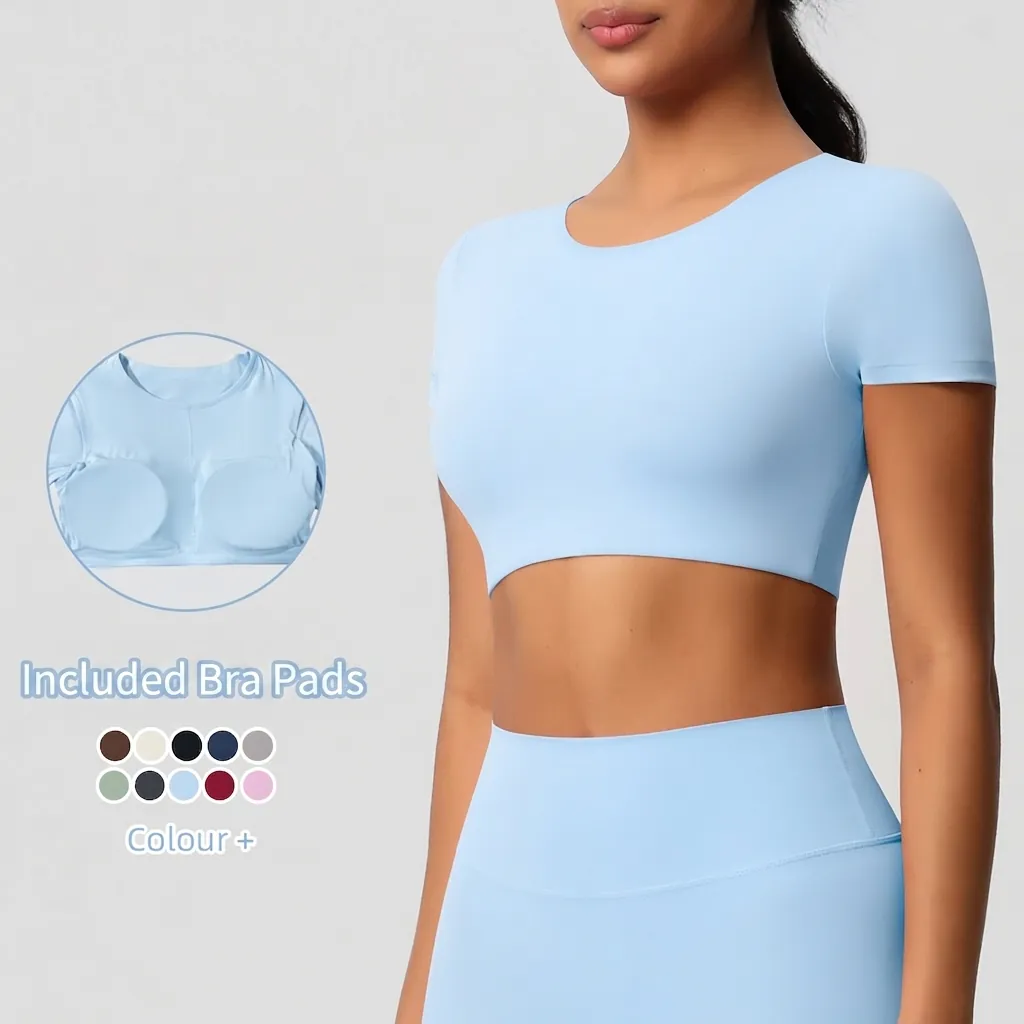 Crop Top de Yoga Professionnel Sans Couture pour Femme Coussinets Intégrés T-Shirt de Sport Ajusté Fitness Gym Haut Entraînement
