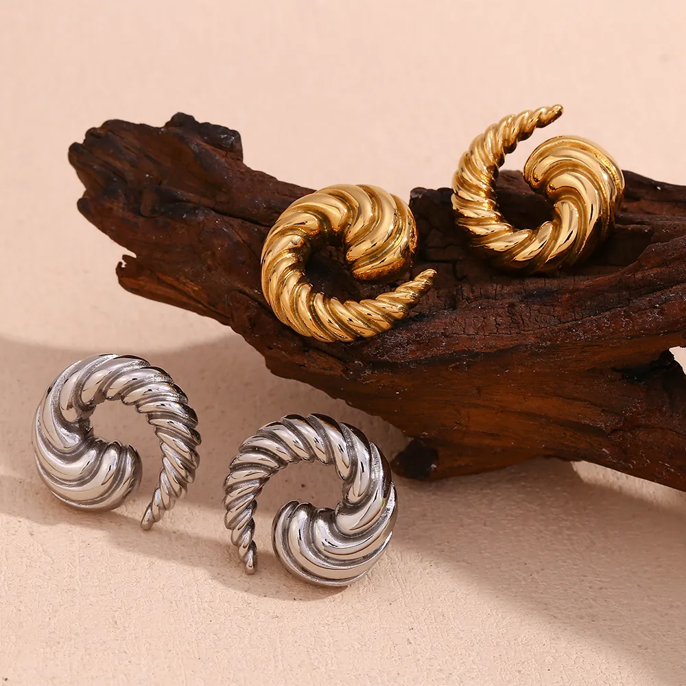 Stainless Steel Spiral Horn Stud Earrings 18K Gold Silver Plated Vintage Geometric Textured Round Earrings For Women Fashion Jewelry