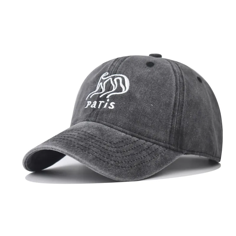 Washed Cotton Baseball Cap Embroidered Paris Letter Distressed Retro Adjustable Outdoor Sun Hat For Men Women