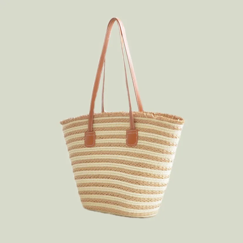Woven Straw Tote Bag Striped Large Capacity Shoulder Handbag With Leather Handles For Women Vacation Beach Casual Style