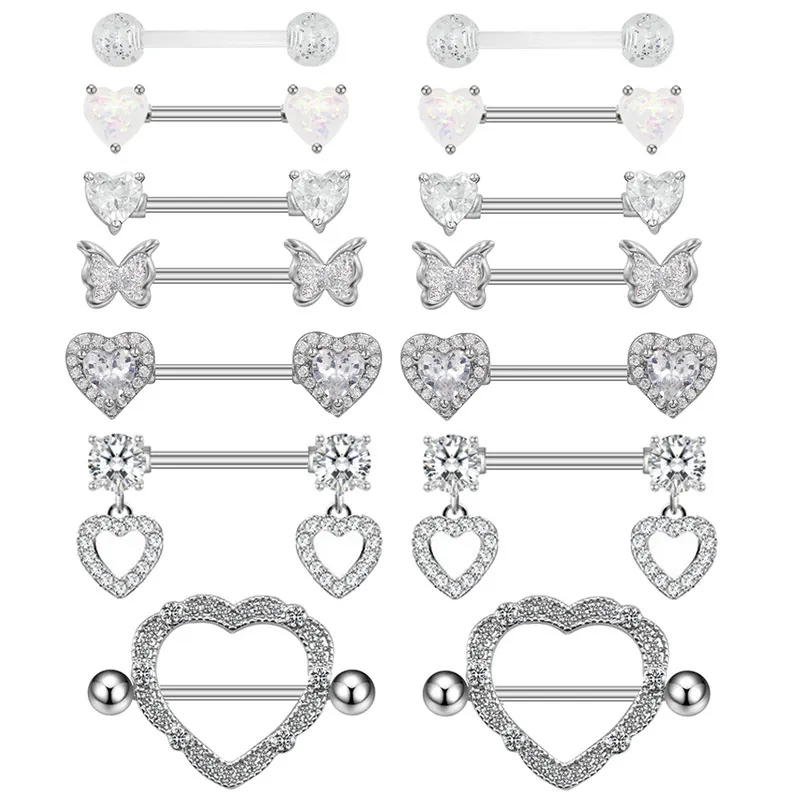 Nipple Rings Piercing Jewelry Stainless Steel Heart Butterfly Zircon Synthetic Opal Minimalist Style Elegant Silver Tone