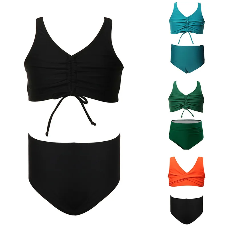 Girls Ruched V Neck Swimwear Top And High Waist Bottoms Nylon Kids Bikini Beachwear