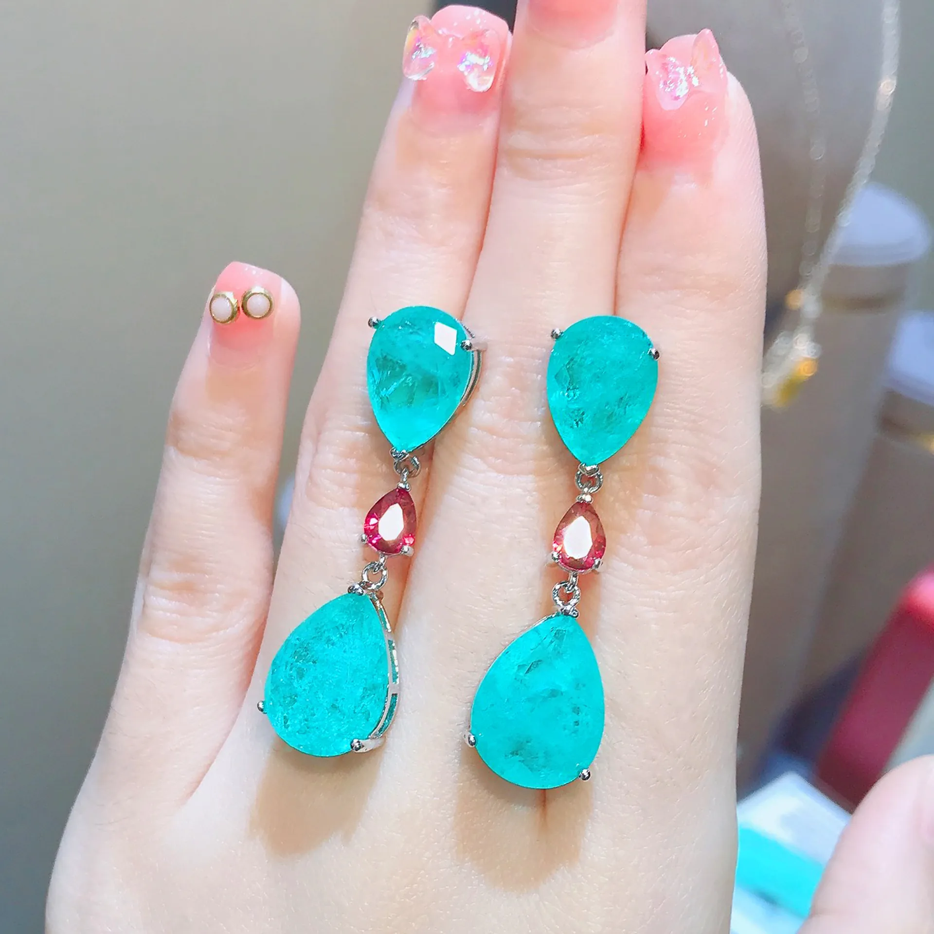 Orecchini Pendenti Goccia Acqua Rame Smeraldo Sintetico Gemma Blu Paraiba Gioielli Lusso Vintage Eleganti Donna