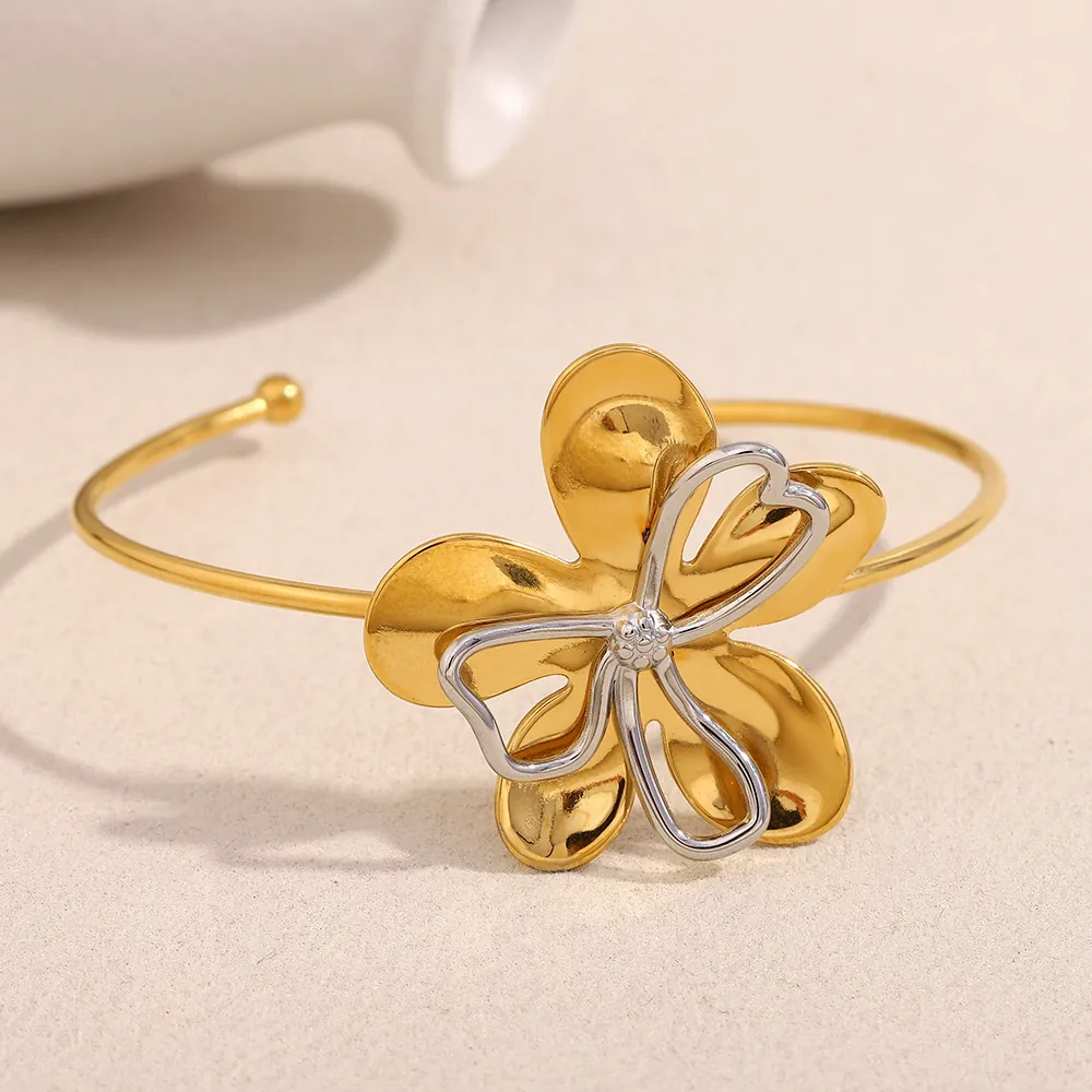 Floral Open Cuff Bangle Stainless Steel 18K Gold Plated Two-Tone Flower Minimalist Elegant Jewelry Women Gift