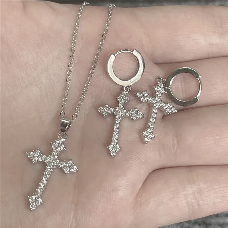Cross Pendant Necklace And Hoop Earrings Alloy Rhinestone Zircon Sparkly For Women Trendy Gothic Fashion Jewelry