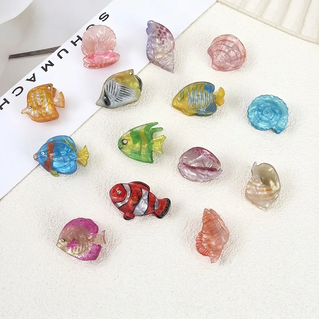 Creative Ocean Series Hair Claws Cellulose Acetate Fish Shell Shaped Clips Semi Transparent Marble Pattern For Women