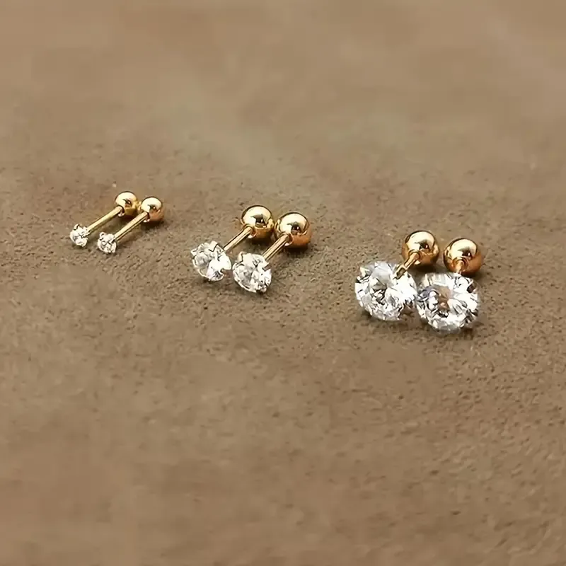 Zircon Earrings Titanium Steel Screw Ball Back Round Clear Crystal Hypoallergenic Minimalist Unisex Piercing Jewelry