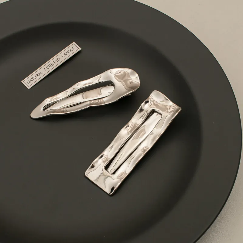 Silver Color Metal Hair Clips Geometric Rectangle Water Drop Bow Shape Hammered Texture Liquid Minimalist Side Pin For Women