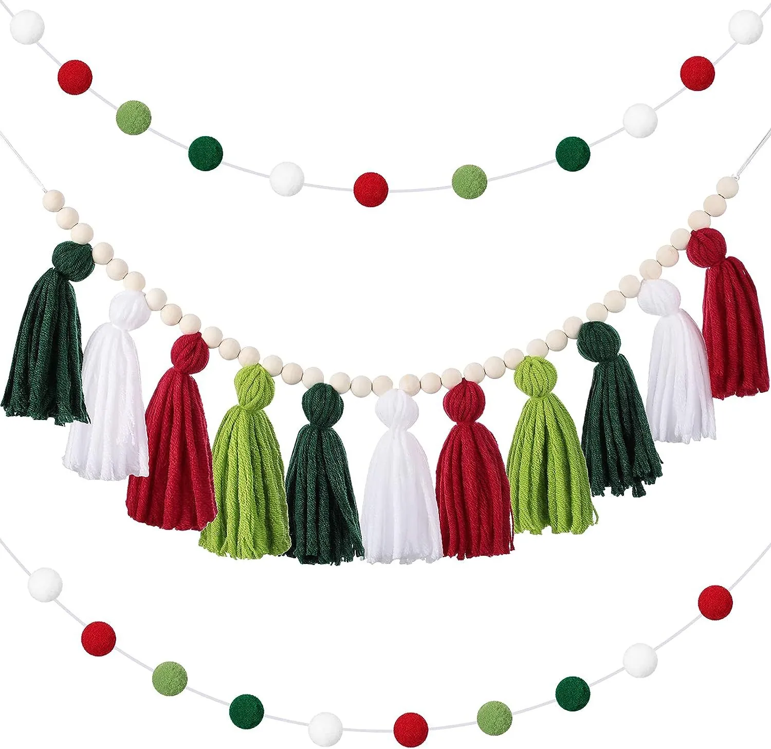 Wood Bead Tassel Garland Pom Pom Cotton Yarn String Wall Hanging Decor Nordic Style For Nursery Room Christmas Party