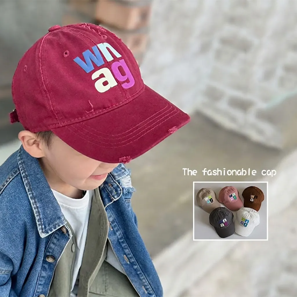 Kids Distressed Cotton Baseball Cap Letter Embroidered Peaked Cap Outdoor Sun Protection Hat For Boys Girls