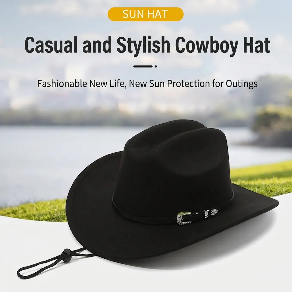 Western Cowboy Hat Faux Wool Felt Wide Brim Retro Outrider Fedora With Buckle Belt And Adjustable Chin Strap