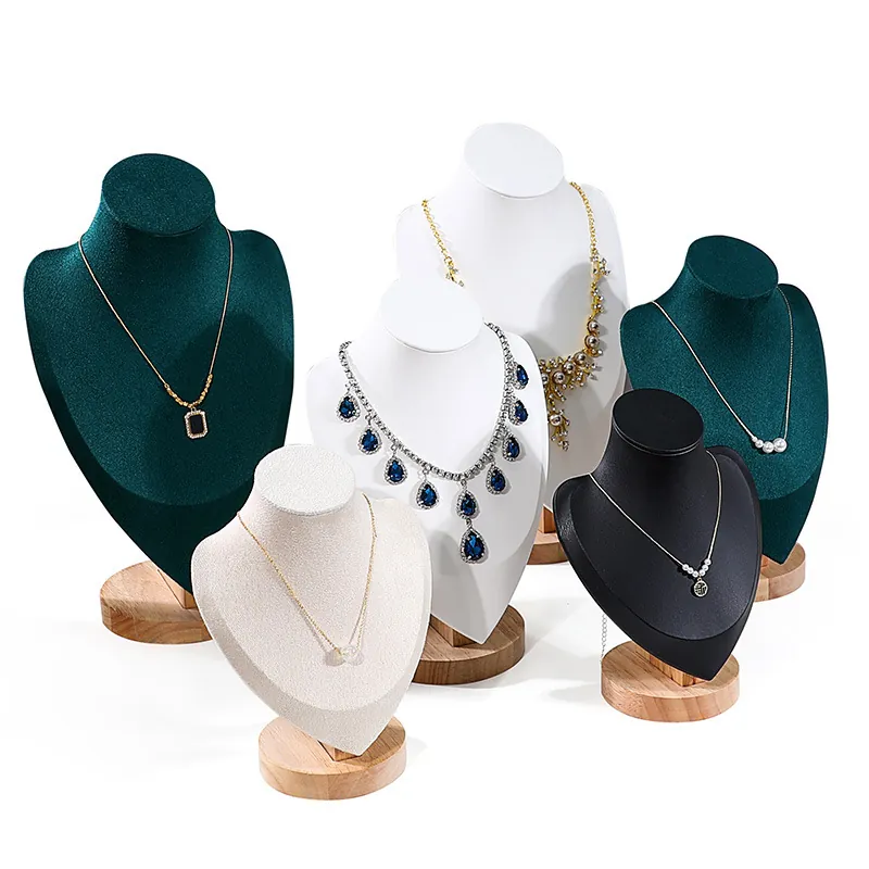 Necklace Display Stand Jewelry Bust Mannequin Solid Wood Base Velvet Leatherette Pendant Holder Professional Organizer