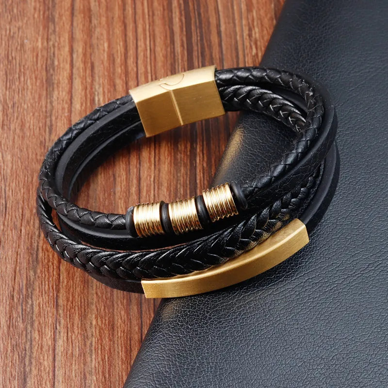 Men Multi Layer Braided Leather Bracelet Stainless Steel Magnetic Clasp Casual Fashion Jewelry Wristband
