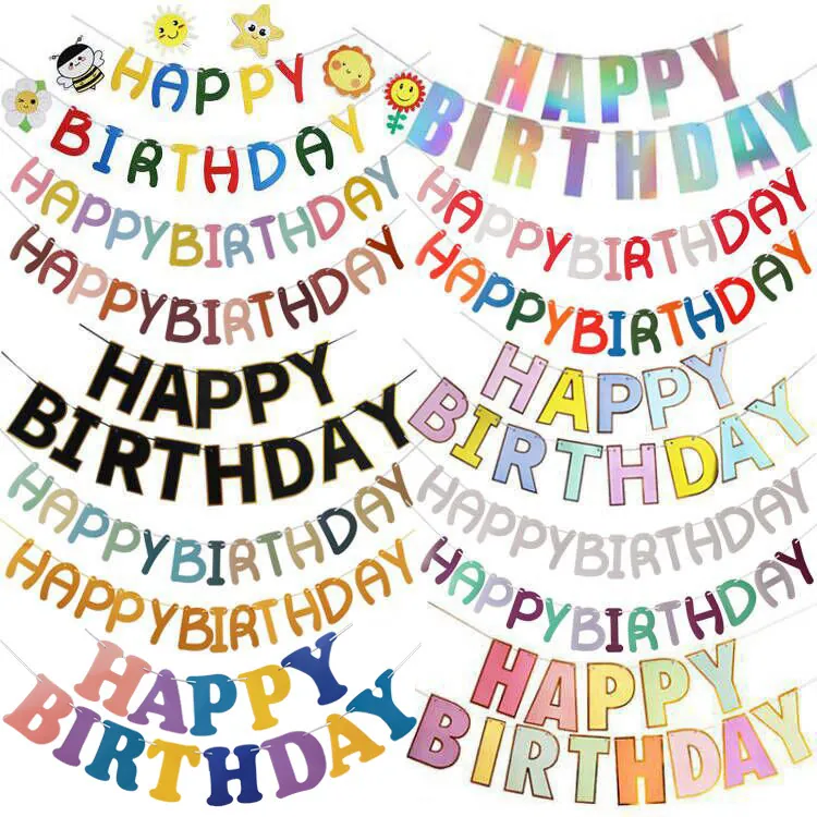 Happy Birthday Banner Macaron Paper Garland With Gold Stamping For Party Background Wall Decoration Hanging Streamer Decoration