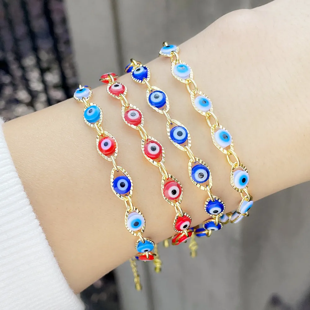 Pulsera De Mal De Ojo Chapada En Oro Cobre Esmalte Abalorios Ovalados Coloridos Ajustable Joyería Bohemia