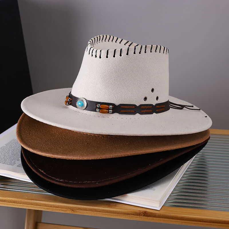 Retro Western Cowboy Hat For Men Women Faux Suede Wide Brim With Leather Band Turquoise Wood Beads Adjustable String