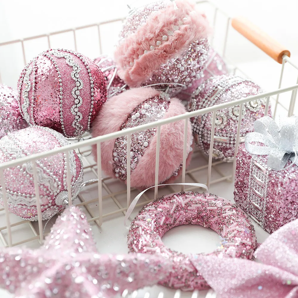 Pink Christmas Tree Ornaments Sequin Glitter Balls Star Topper Bows Shimmer Holiday Party Home Decor Decorating