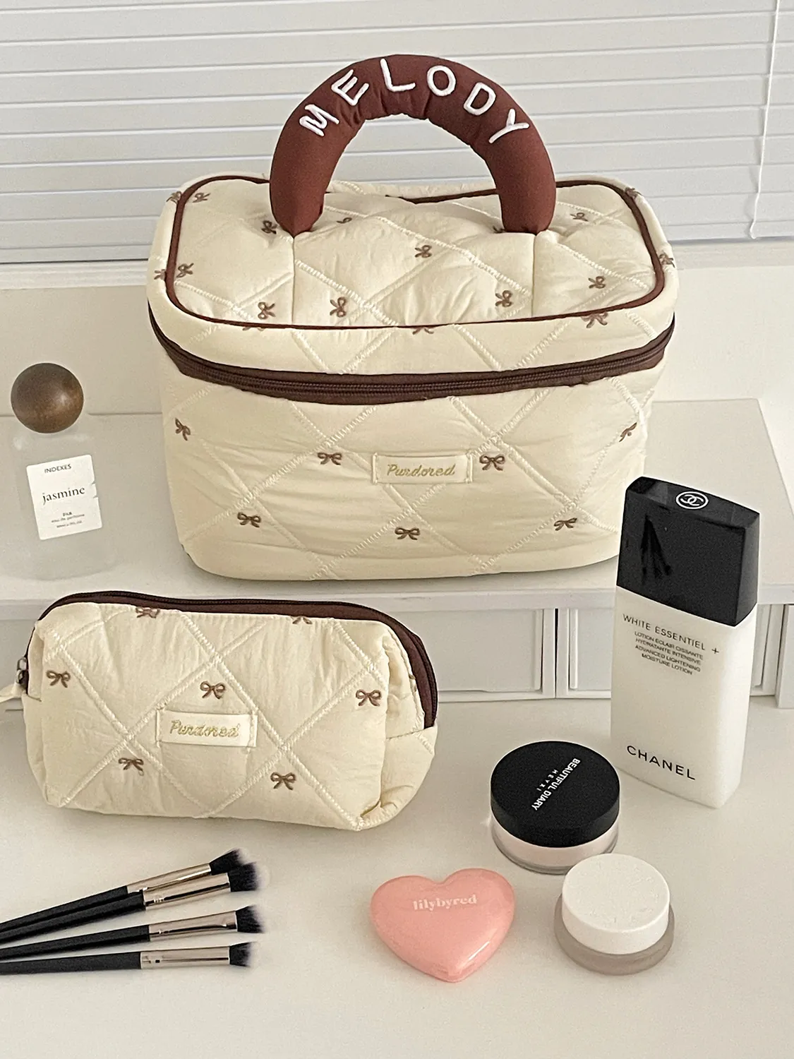 Borsa Per Trucco In Cotone Trapuntato Con Fiocco Ricamato Organizer Da Toilette Portatile Pochette Per Cosmetici Da Viaggio