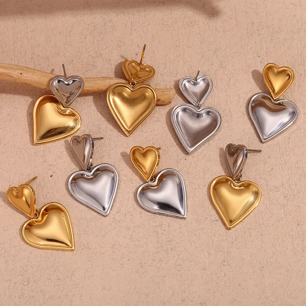 Double Heart Stud Earrings 18K Gold Plated Stainless Steel Minimalist Pendant Fashion Jewelry For Women