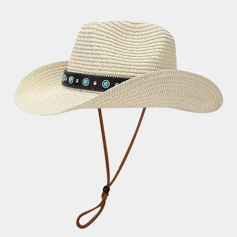 Western Cowboy Straw Hat Wide Brim Panama Beach Hat With Turquoise Bead Band And Adjustable Windproof Rope